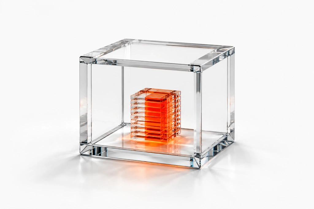 Parker’s orange core inside a glass enclosure